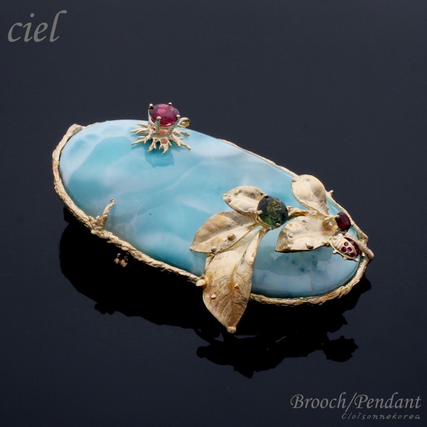 Larimar pendant,Larimar brooch,14K gold,Ciel,unique and art brooch